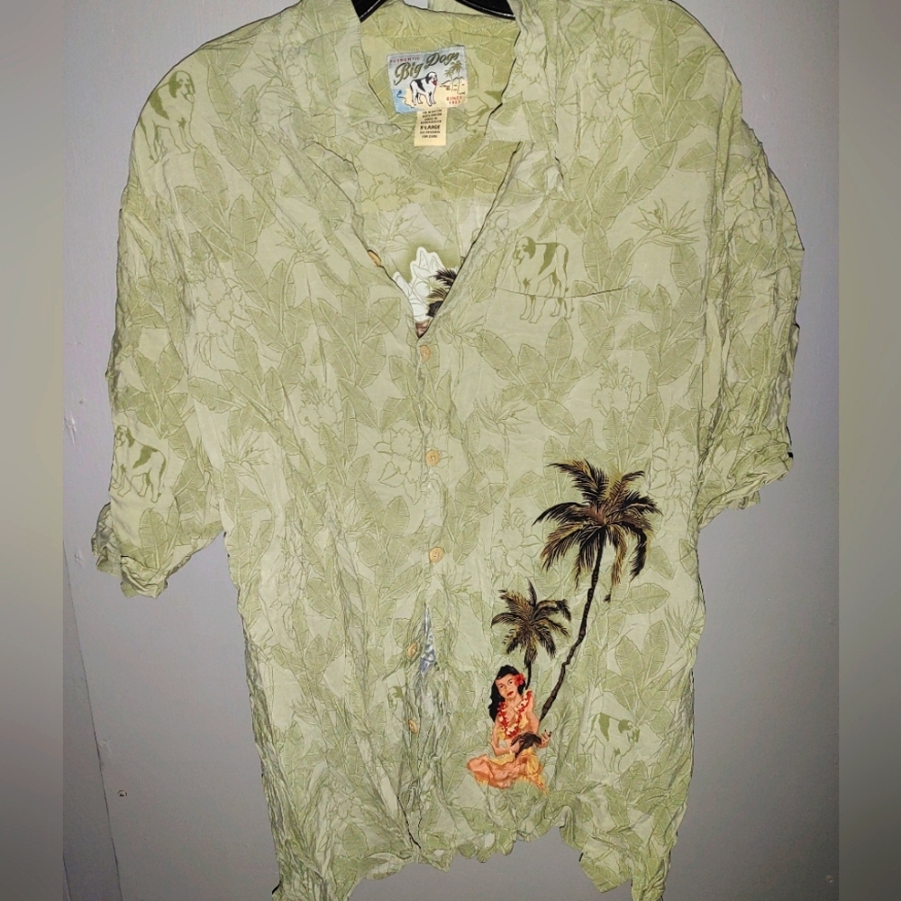 Big Dogs Brand Size XL Green Hawaiian Shirt Hula Dancer Welcome To Paradise